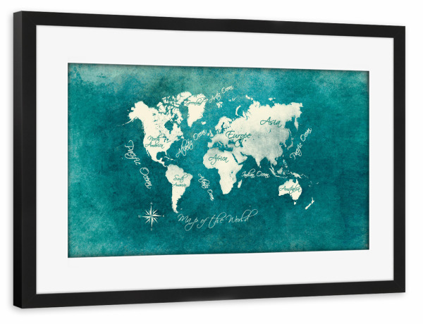 Poster mit Rahmen schwarz "World map blue green white" artboxONE - Reise,Kartografie