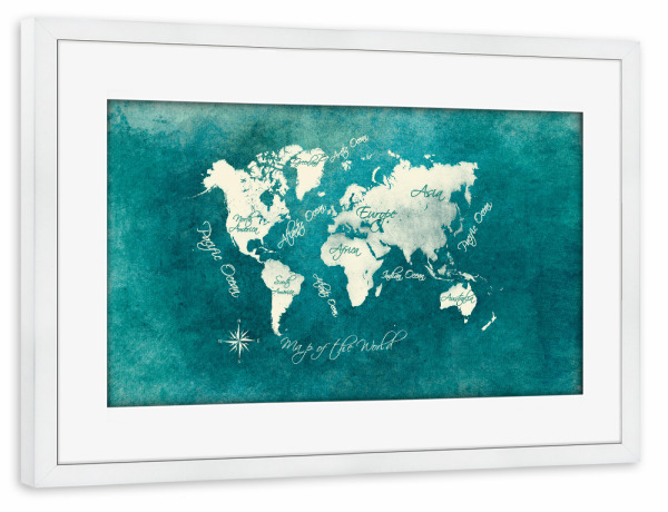 Poster mit Rahmen weiß "World map blue green white" artboxONE - Reise,Kartografie