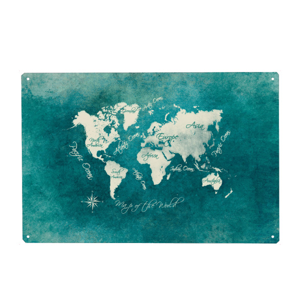 Holzbild "World map blue green white" artboxONE - Reise,Kartografie