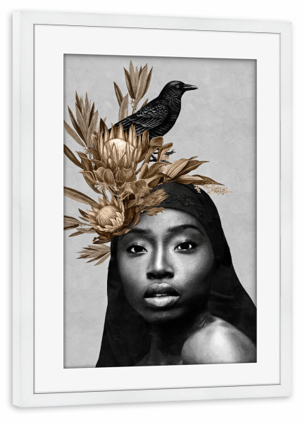Poster mit Rahmen weiß "Woman Flower Bird" artboxONE - Natur,Floral,Tiere,Menschen