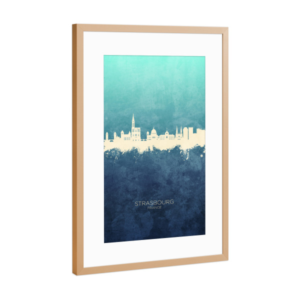 Poster mit Rahmen Kupfer "Strasbourg France Skyline NavyCyan" artboxONE - Städte
