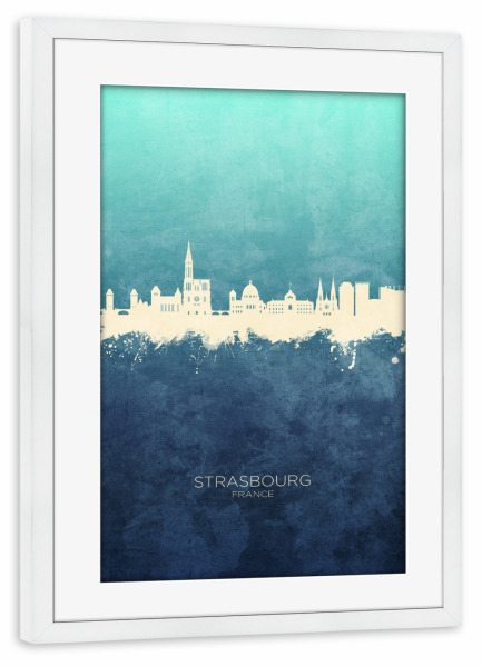 Poster mit Rahmen weiß "Strasbourg France Skyline NavyCyan" artboxONE - Städte