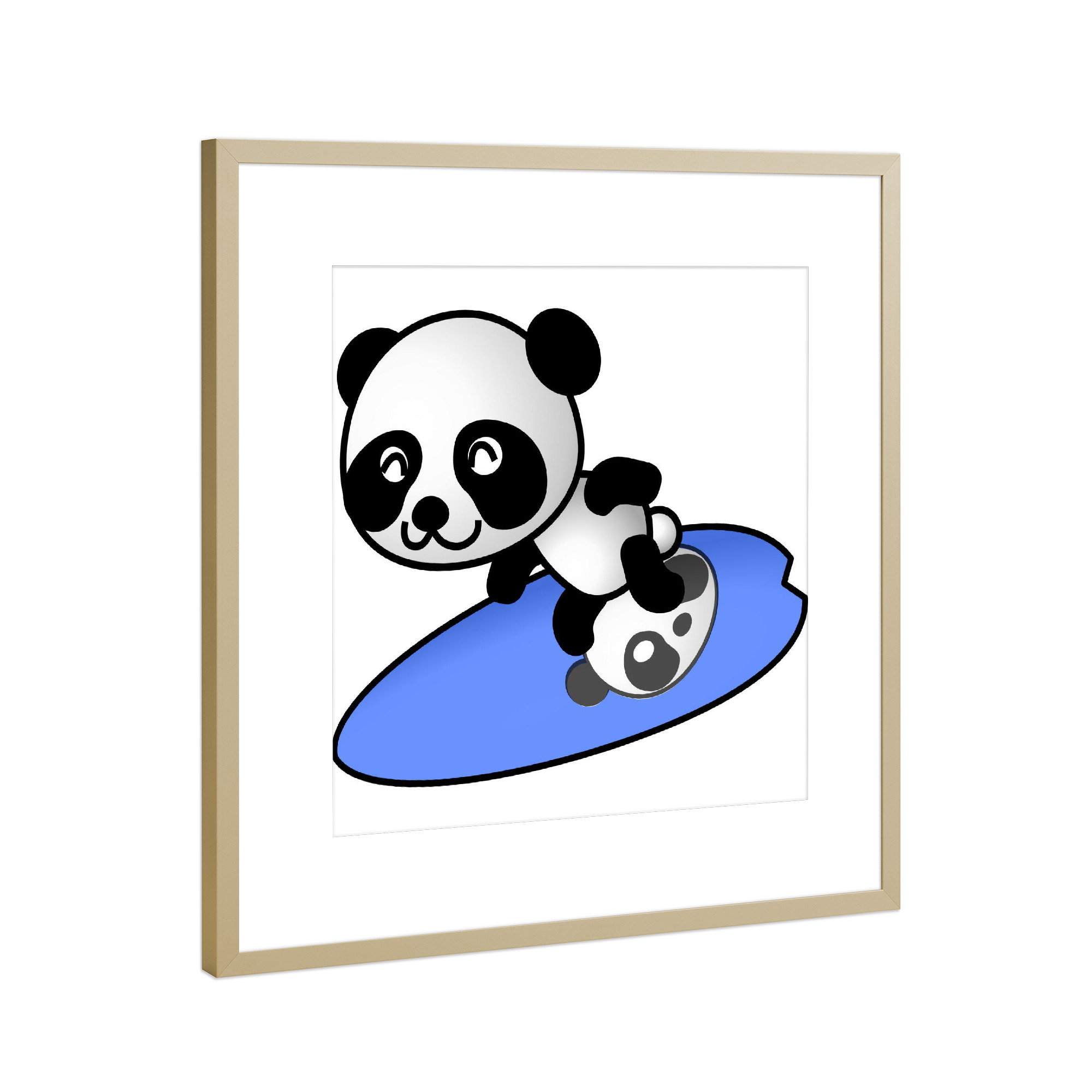 Poster mit Rahmen Gold "Panda beim Surfen" artboxONE - Für Kinder,Tiere,Lustig