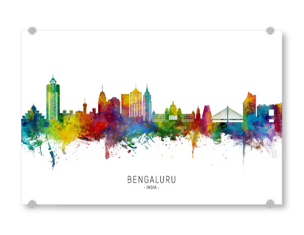 Acrylglasbild "Bengaluru Skyline txt" artboxONE - Städte - Bengaluru,India,Skyline,Cityscape,Stadtbild,Watercolor,City,Stadt,Indien,Colorful,Bunt