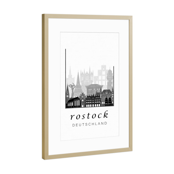 Poster mit Rahmen Gold "Rostock skyline black & white" artboxONE - Städte,Architektur