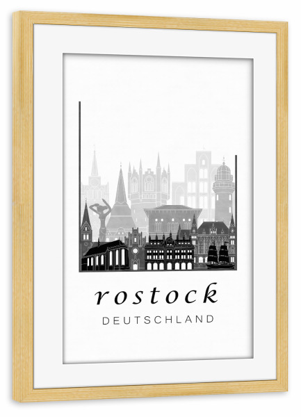 Poster mit Rahmen kiefer "Rostock skyline black & white" artboxONE - Städte,Architektur