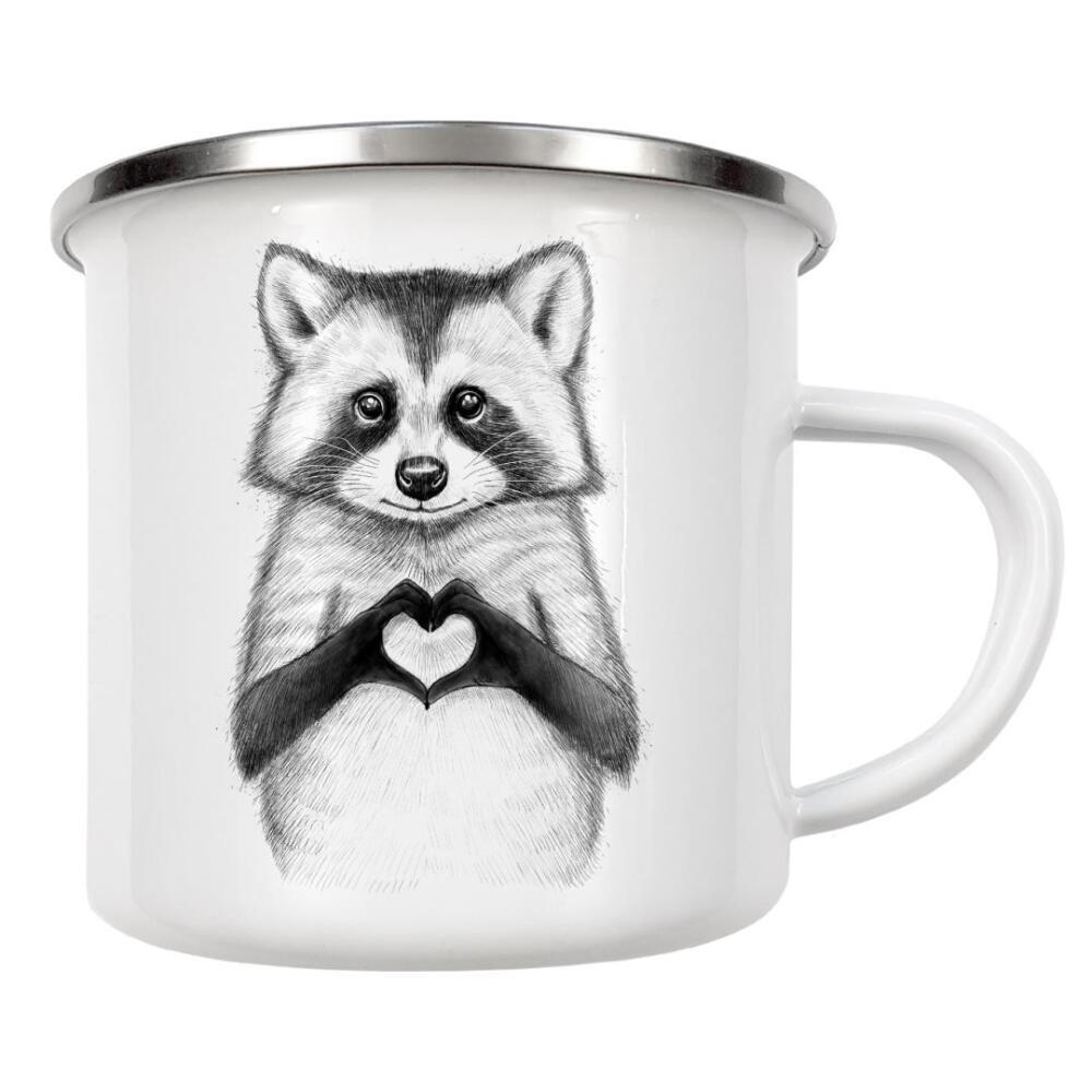 Emaille Tasse "Raccoon with heart" artboxONE - Für Kinder,Tiere,Schwarzweiß,Liebe - Raccoon,Liebe,Waschbär,Schwarzweiß,Tier,Herz