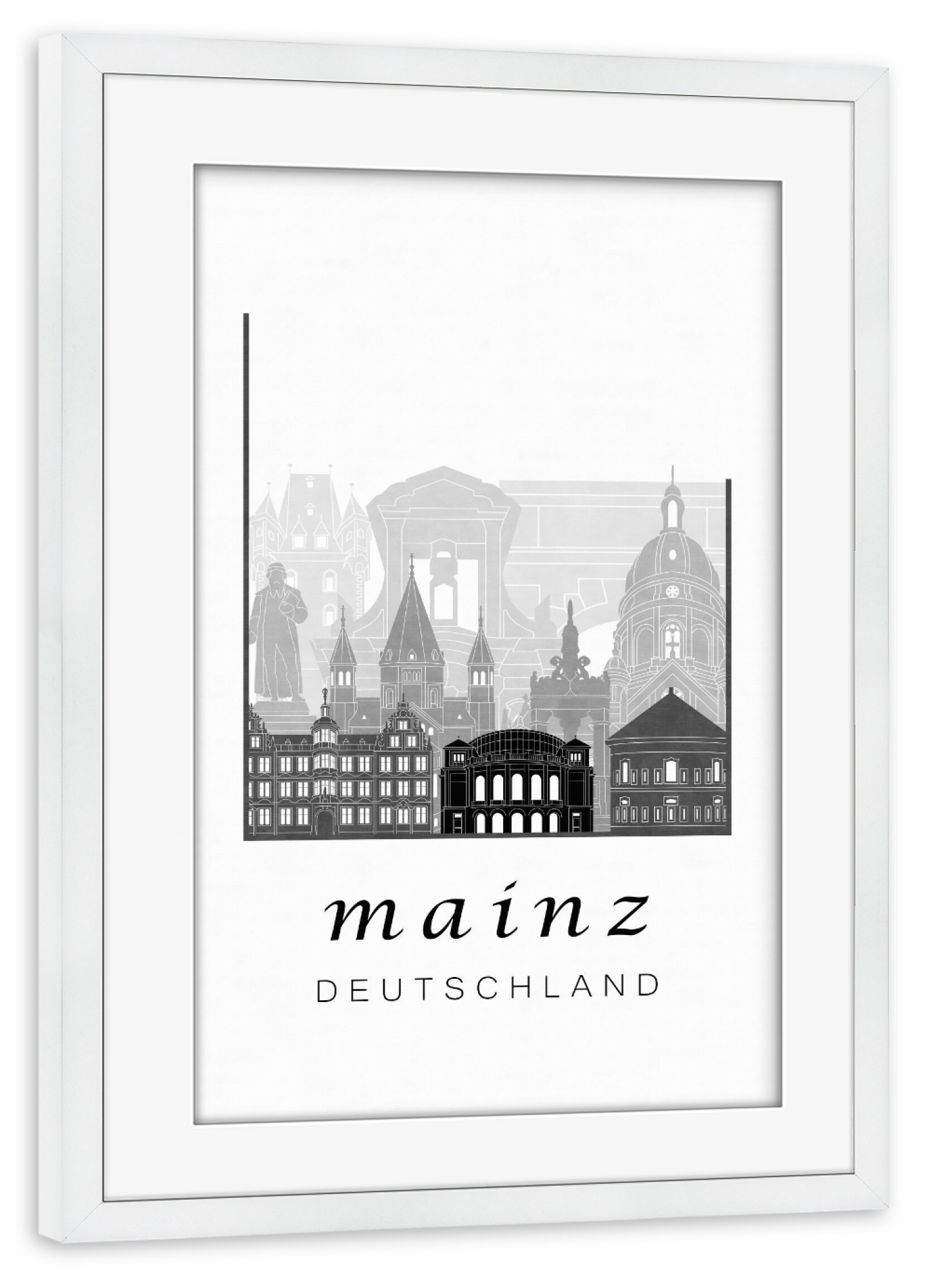 Poster mit Rahmen weiß "Mainz skyline black & white" artboxONE - Städte,Architektur,Kartografie