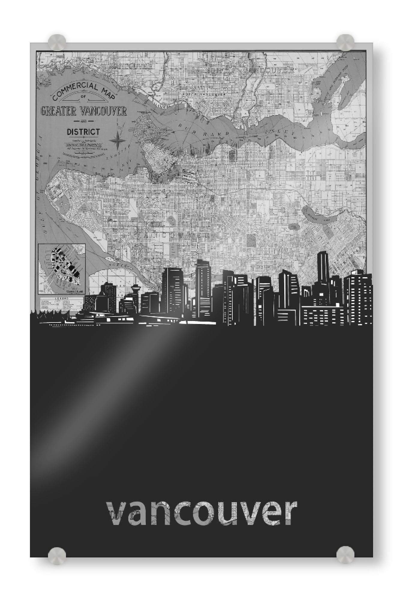 Acrylglasbild "Vancouver skyline map grey" artboxONE - Städte,Reise,Architektur,Kartografie