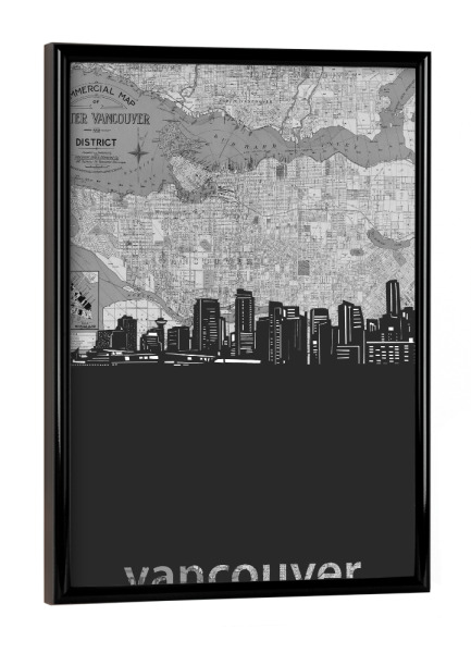 Poster mit schwarzem Rahmen "Vancouver skyline map grey" artboxONE - Städte,Reise,Architektur,Kartografie