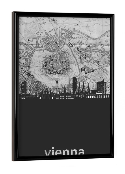 Poster mit schwarzem Rahmen "Vienna skyline map grey" artboxONE - Städte,Reise,Architektur,Städte / Wien,Kartografie