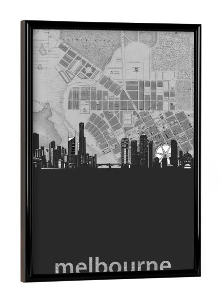 Poster mit schwarzem Rahmen "Melbourne skyline map grey" artboxONE - Städte,Reise,Architektur,Kartografie