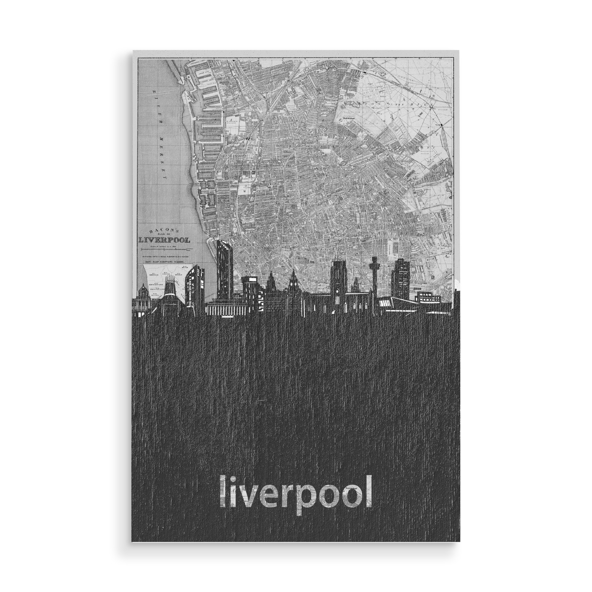 Holzbild "Liverpool skyline map grey" artboxONE - Städte,Reise,Architektur,Kartografie