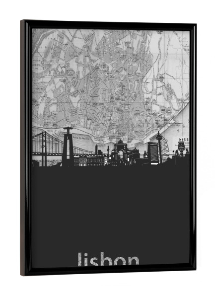Poster mit schwarzem Rahmen "Lisbon skyline map grey" artboxONE - Städte,Reise,Architektur,Kartografie