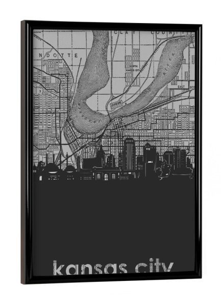 Poster mit schwarzem Rahmen "Kansas city skyline map grey" artboxONE - Städte,Reise,Architektur,Kartografie