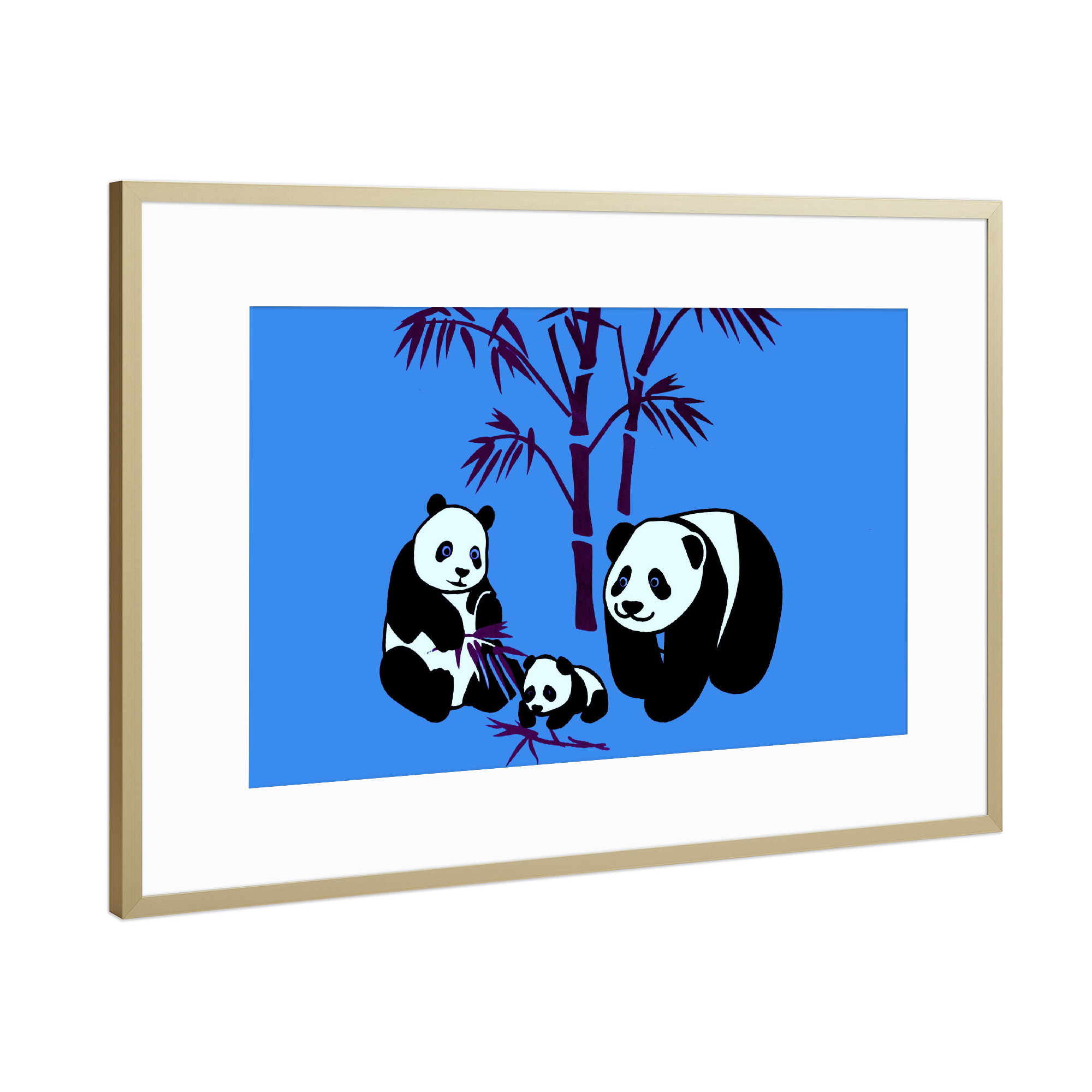 Poster mit Rahmen Gold "Panda Familie blau" artboxONE - Für Kinder,Tiere,Lustig