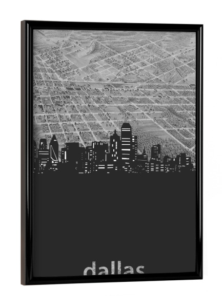 Poster mit schwarzem Rahmen "Dallas skyline map grey" artboxONE - Städte,Reise,Architektur,Kartografie