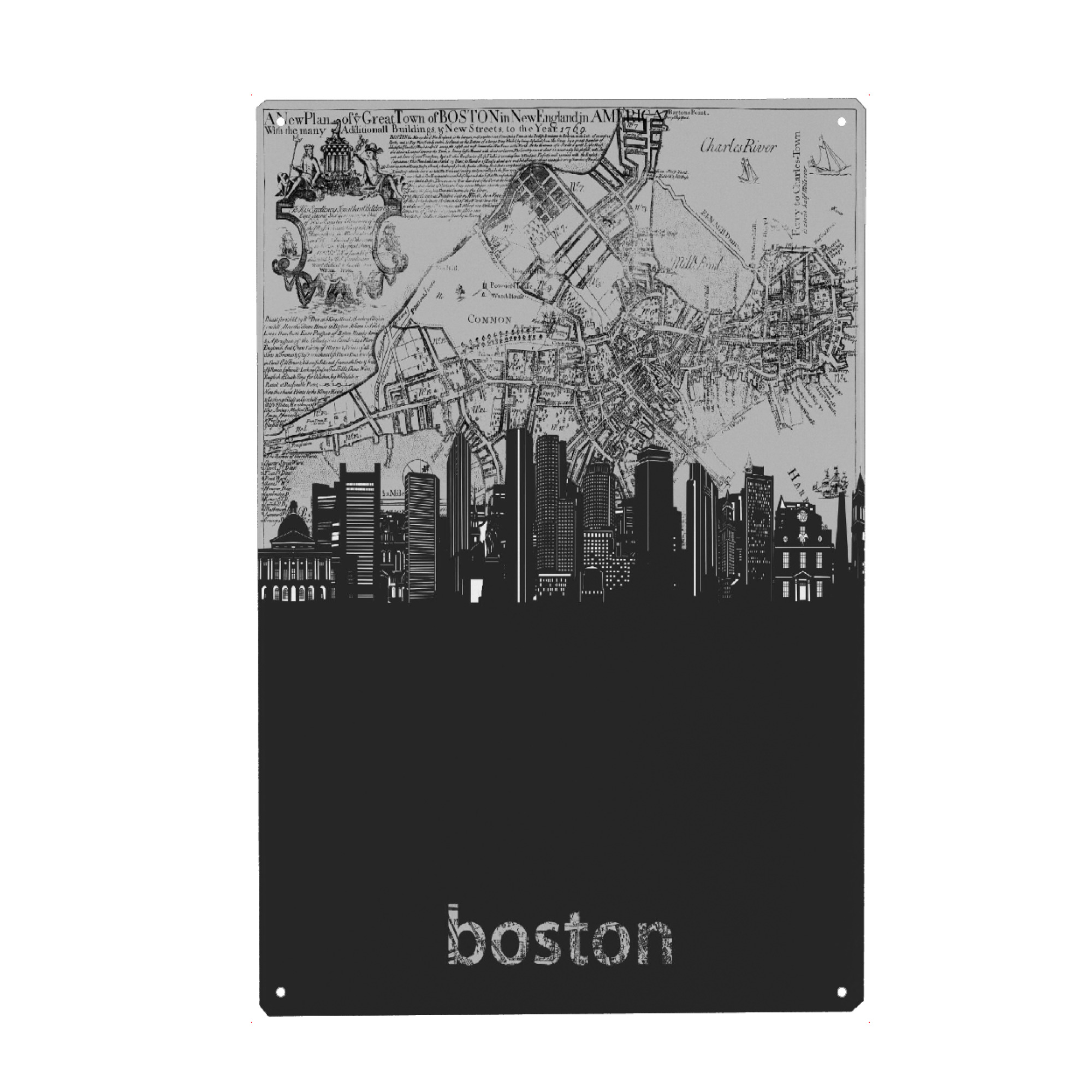 Holzbild "Boston skyline map grey" artboxONE - Städte,Reise,Abstrakt,Architektur,Städte / Boston