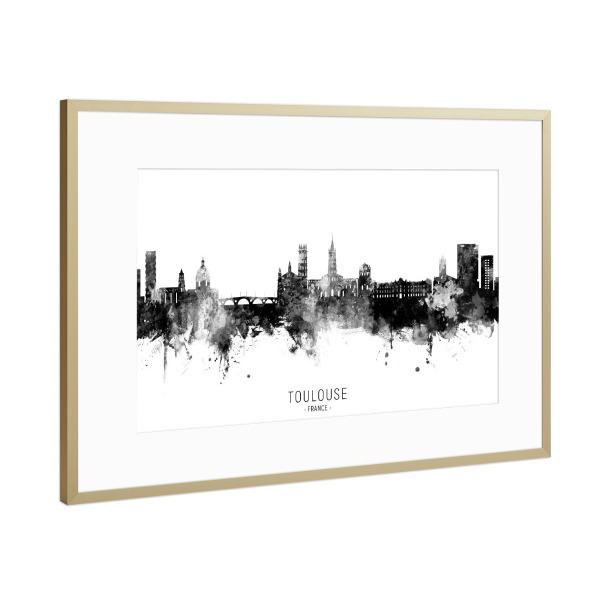 Poster mit Rahmen Gold "Toulouse France Skyline BW Text" artboxONE - Städte
