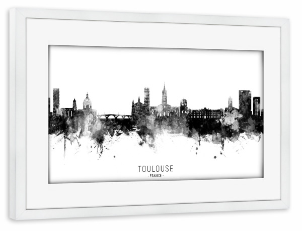 Poster mit Rahmen weiß "Toulouse France Skyline BW Text" artboxONE - Städte