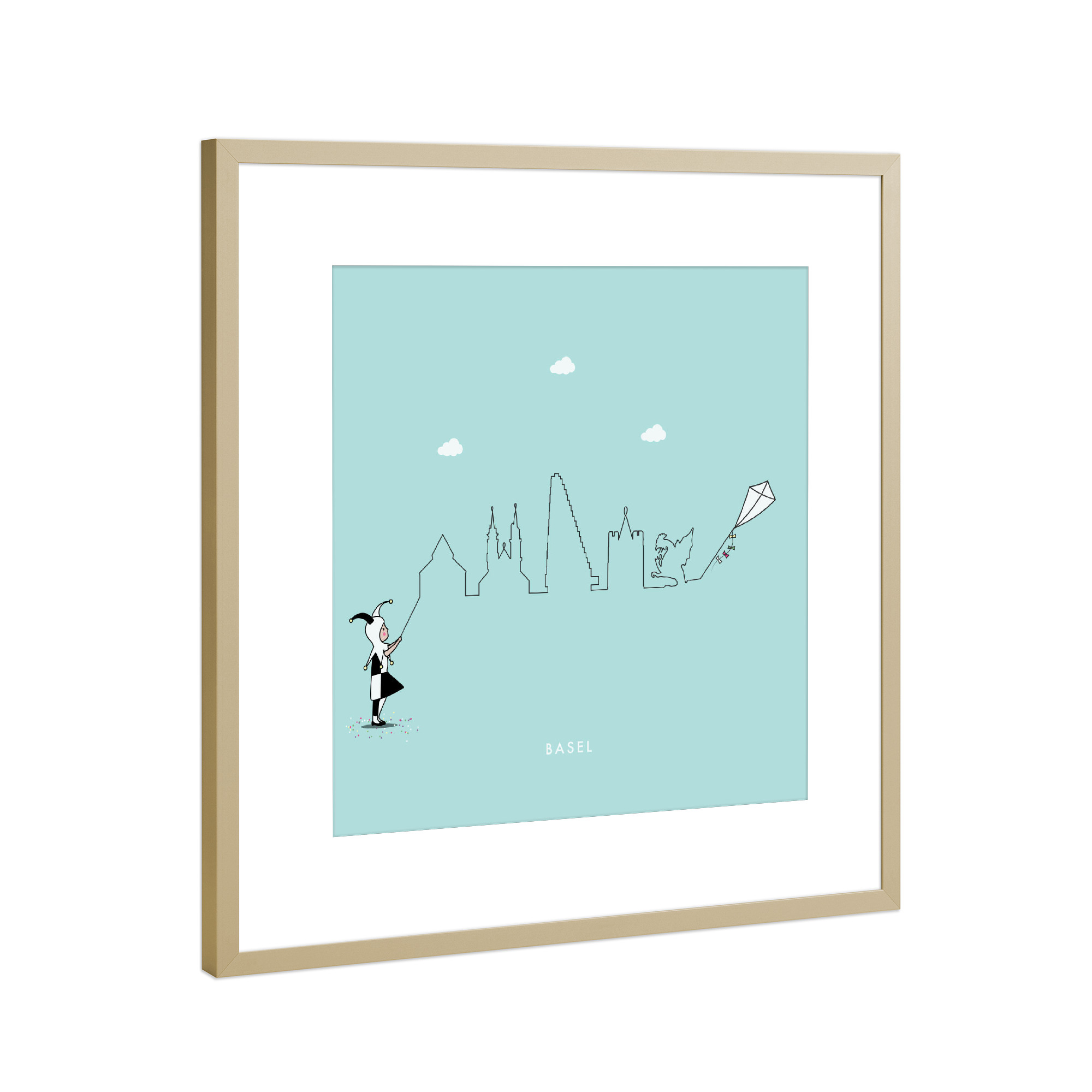 Poster mit Rahmen Gold "Basel Skyline Kite" artboxONE - Städte,Für Kinder