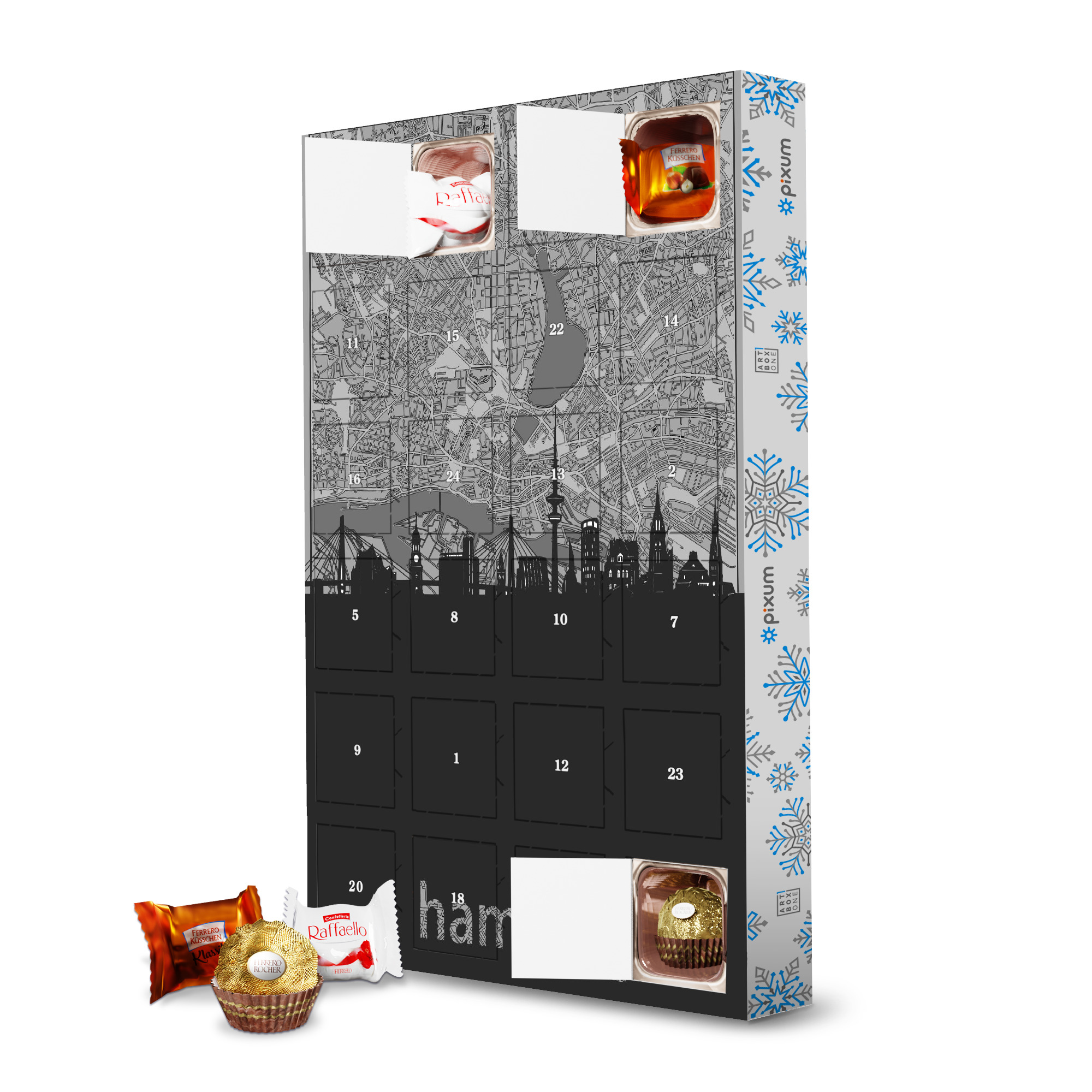 Adventskalender mit Ferrero Pralinen Hamburg skyline map grey artboxONE Adventskalender Städte