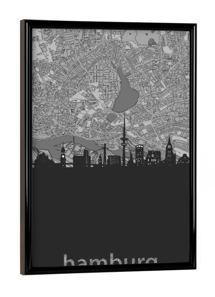 Poster mit schwarzem Rahmen "Hamburg skyline map grey" artboxONE - Städte,Städte / Hamburg,Reise,Architektur,Kartografie