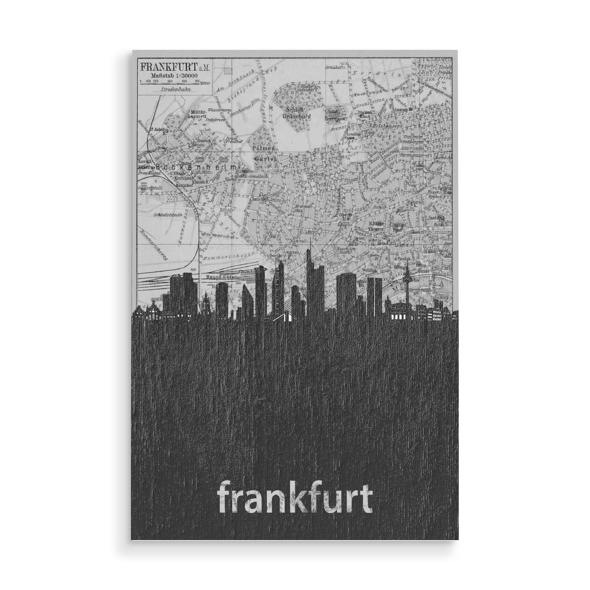 Holzbild "Frankfurt skyline map grey" artboxONE - Städte,Reise,Architektur,Städte / Frankfurt,Kartografie