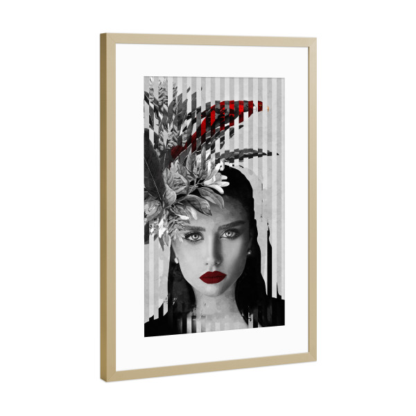 Poster mit Rahmen Gold "Woman Bird Red" artboxONE - Natur,Floral,Menschen