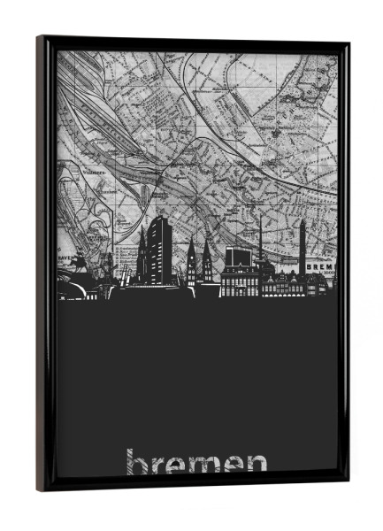Poster mit schwarzem Rahmen "Bremen skyline map grey" artboxONE - Städte,Reise,Architektur,Kartografie