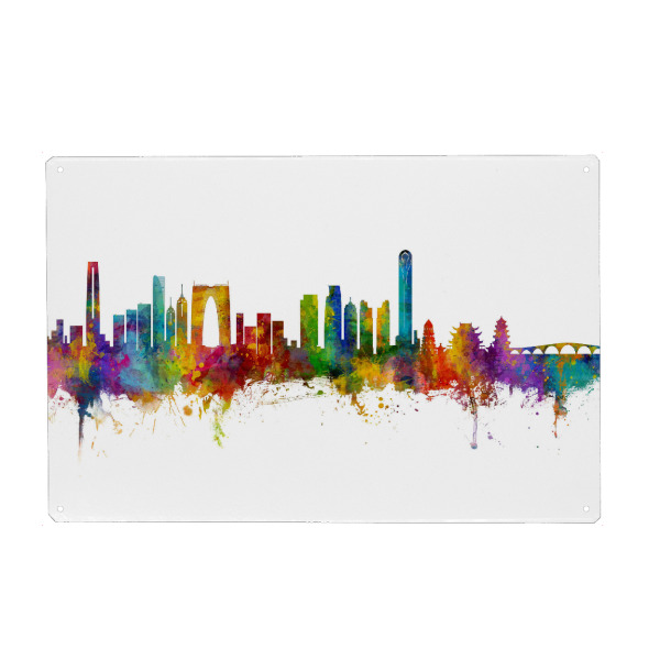Metall Poster "Suzhou China Skyline" artboxONE - Städte - Suzhou,China,Skyline,Cityscape,Stadtbild,Watercolor,City,Stadt,Colorful,Bunt - Blechschild