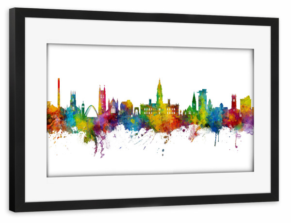 Poster mit Rahmen schwarz "Bolton England Skyline" artboxONE - Städte - Bolton,England,Skyline,Cityscape,Stadtbild,Watercolor,City,Stadt,Colorful,Bunt