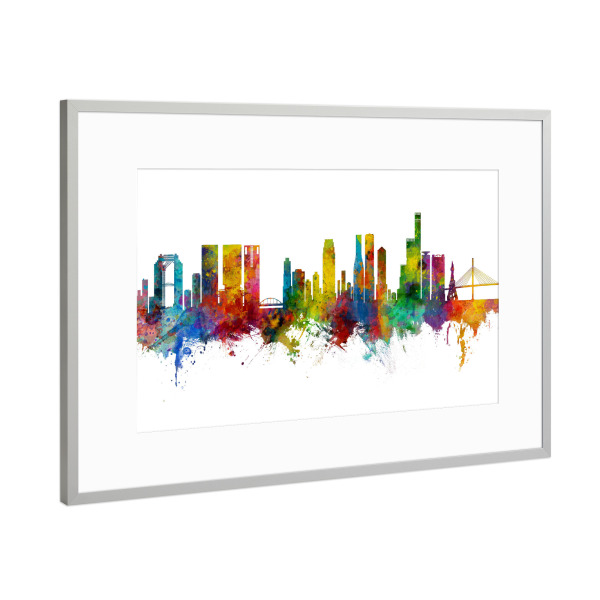 Poster mit Rahmen Silber "Osaka Japan Skyline" artboxONE - Städte - Osaka,Japan,Skyline,Cityscape,Stadtbild,Watercolor,City,Stadt,Colorful,Bunt