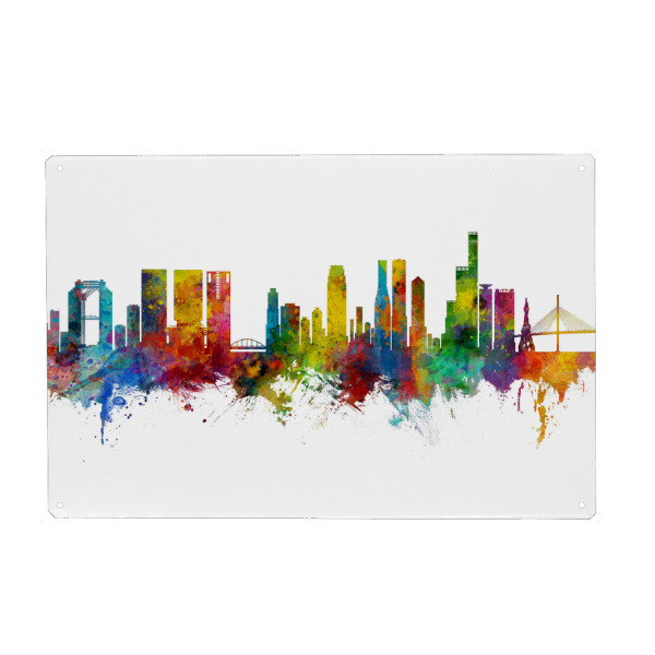 Holzbild "Osaka Japan Skyline" artboxONE - Städte - Osaka,Japan,Skyline,Cityscape,Stadtbild,Watercolor,City,Stadt,Colorful,Bunt