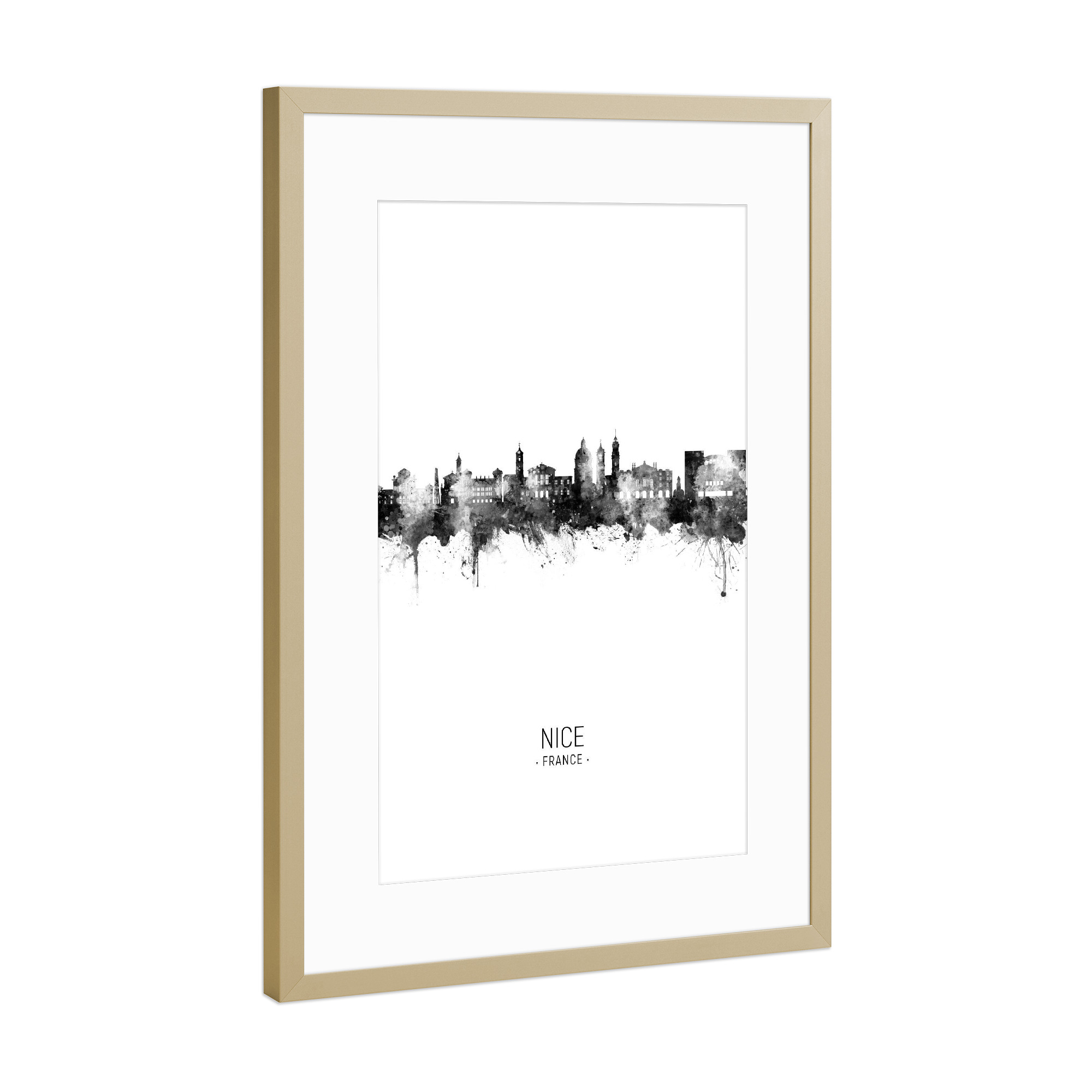 Poster mit Rahmen Gold "Nice France Skyline BW" artboxONE - Städte