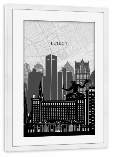 Poster mit Rahmen weiß "Detroit cityscape map" artboxONE - Städte,Reise,Architektur,Kartografie