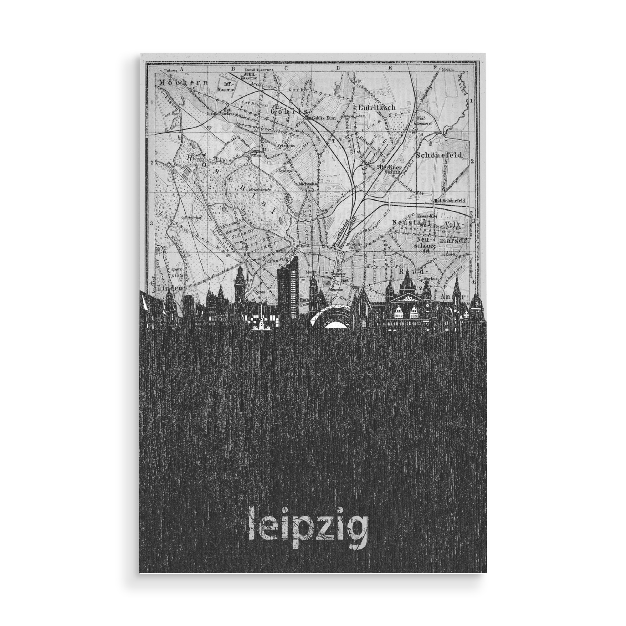 Holzbild "Leipzig skyline map grey" artboxONE - Städte,Reise,Architektur,Kartografie