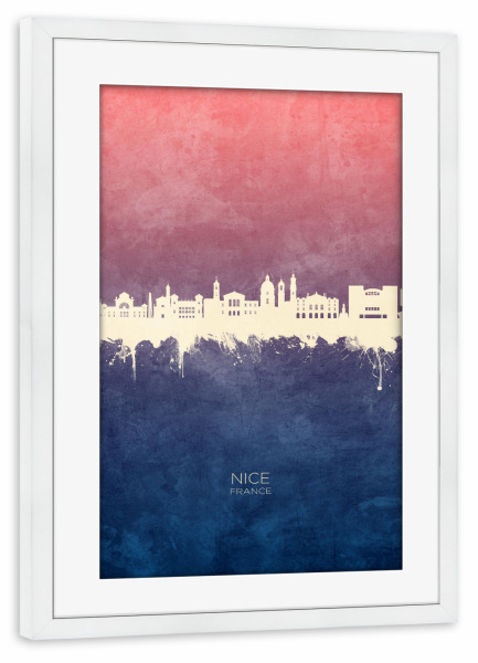 Poster mit Rahmen weiß "Nice France Skyline BlueRose" artboxONE - Städte - Nice,France,Skyline,Cityscape,Stadtbild,Watercolor,City,Stadt,Frankreich