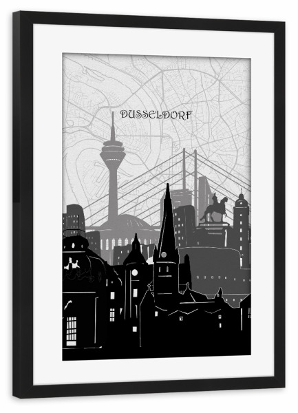 Poster mit Rahmen schwarz "Dusseldorf cityscape map" artboxONE - Städte,Reise,Architektur,Städte / Düsseldorf,Kartografie