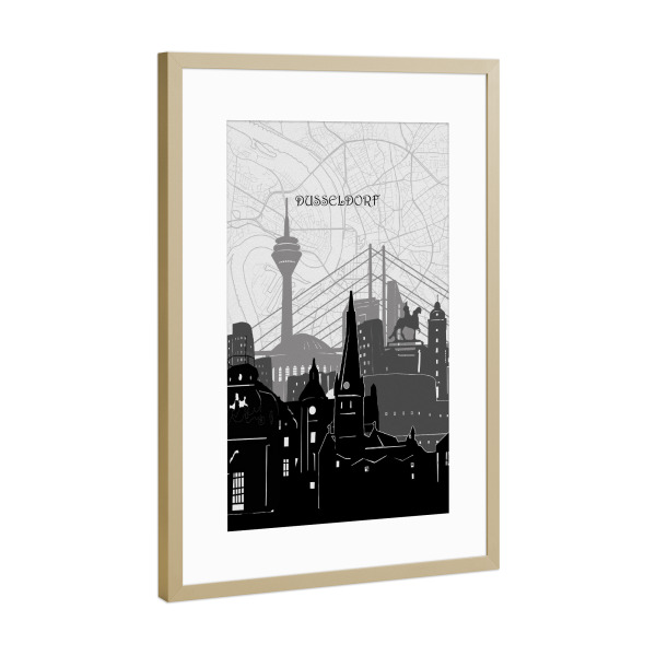 Poster mit Rahmen Gold "Dusseldorf cityscape map" artboxONE - Städte,Reise,Architektur,Städte / Düsseldorf,Kartografie