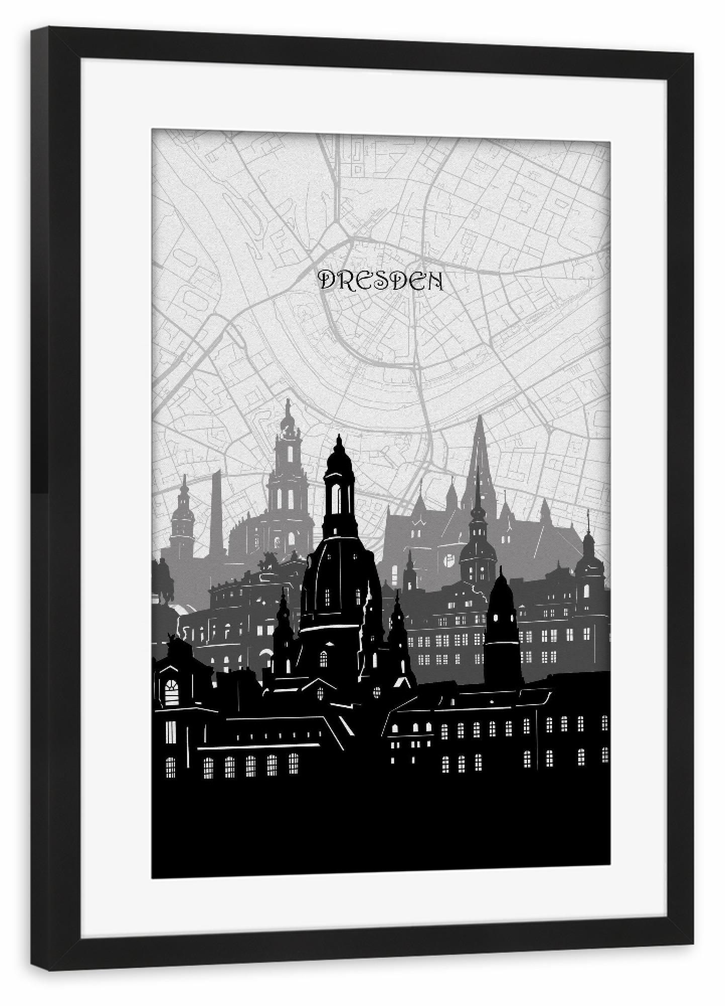 Poster mit Rahmen schwarz "Dresden cityscape map" artboxONE - Städte,Reise,Architektur,Städte / Dresden,Kartografie