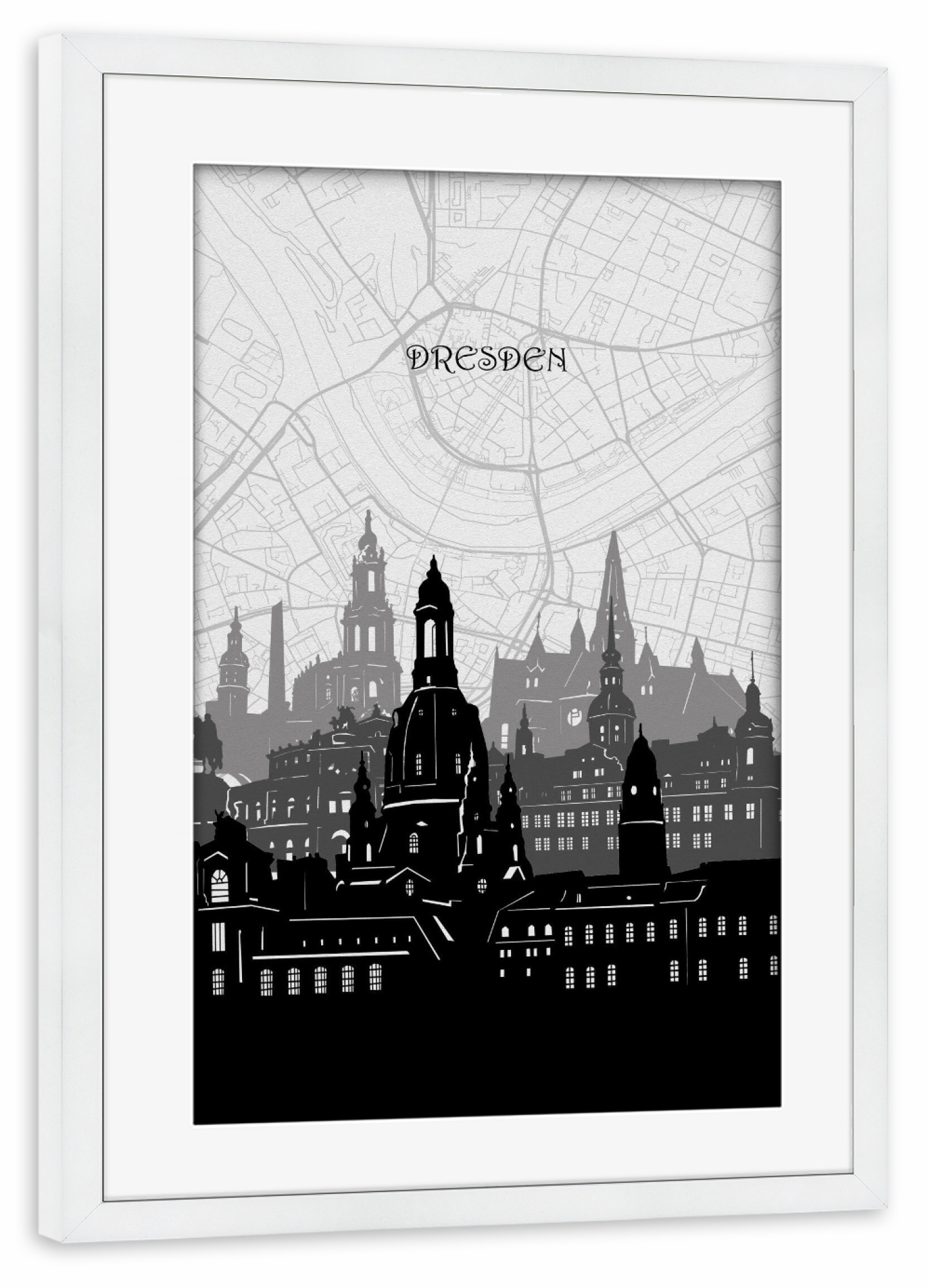 Poster mit Rahmen weiß "Dresden cityscape map" artboxONE - Städte,Reise,Architektur,Städte / Dresden,Kartografie