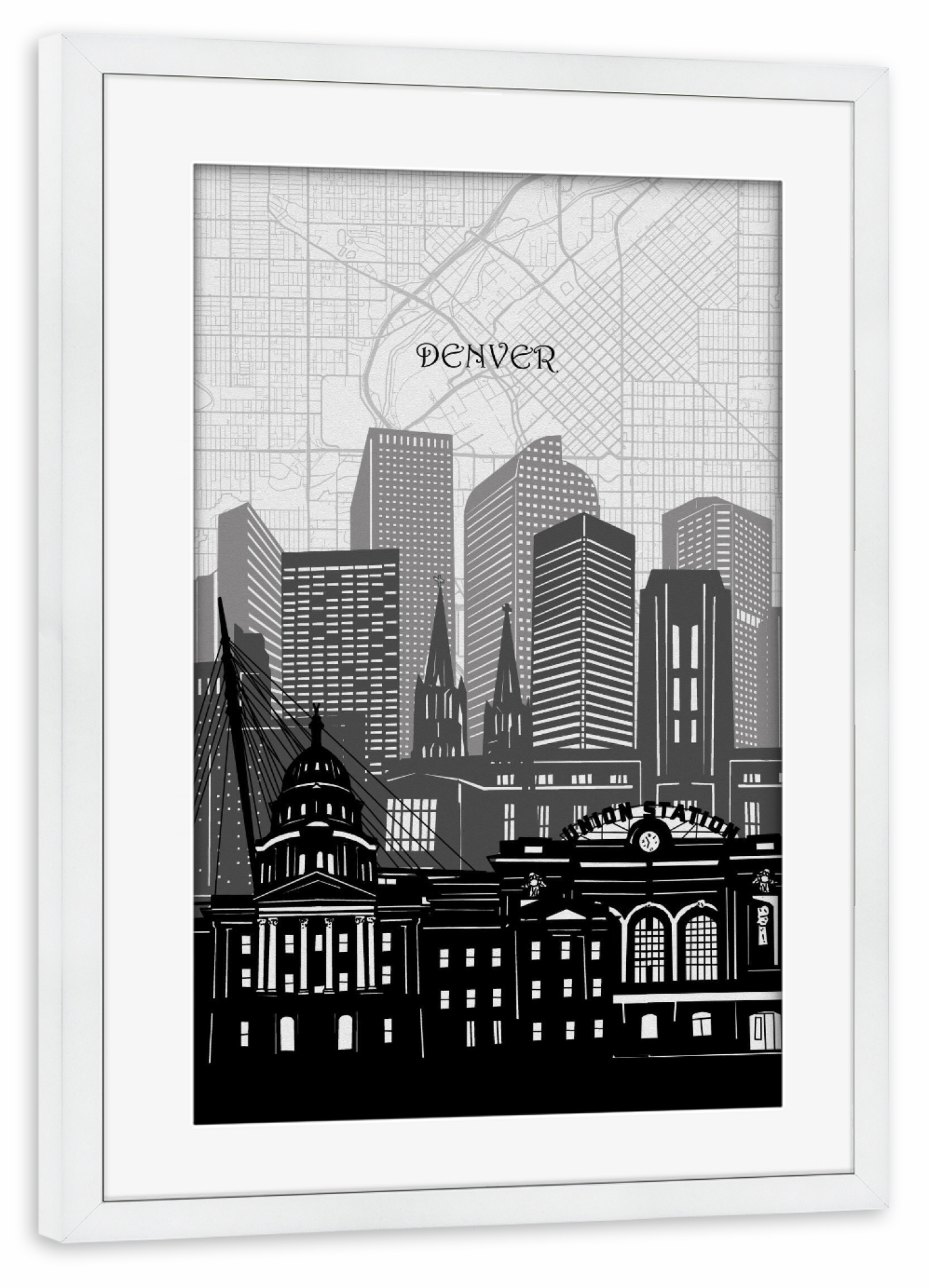 Poster mit Rahmen weiß "Denver cityscape map" artboxONE - Städte,Reise,Architektur,Kartografie