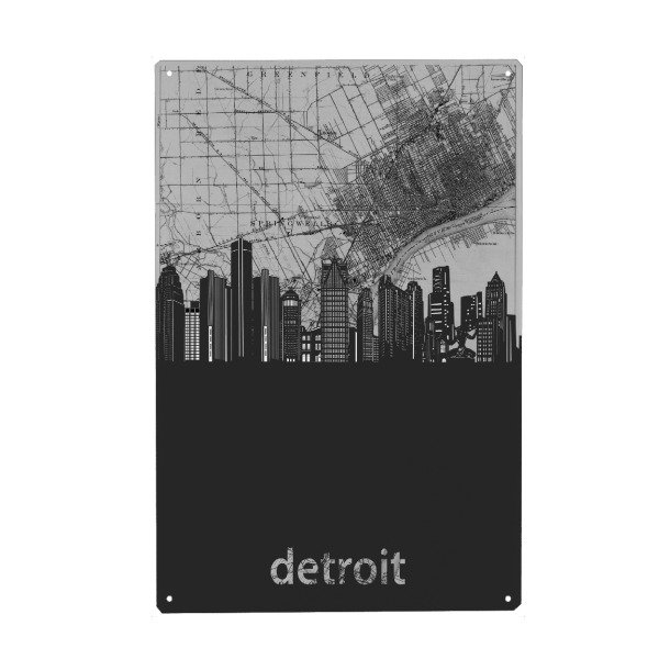 Metall Poster "Detroit skyline map grey" artboxONE - Städte,Reise,Architektur,Kartografie