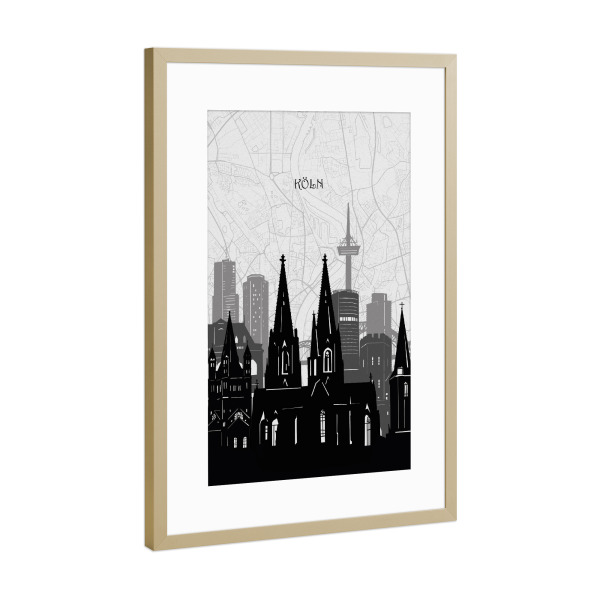 Poster mit Rahmen Gold "Cologne cityscape map" artboxONE - Städte,Städte / Köln,Reise,Architektur,Kartografie