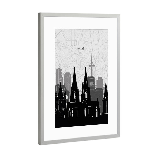 Poster mit Rahmen Silber "Cologne cityscape map" artboxONE - Städte,Städte / Köln,Reise,Architektur,Kartografie