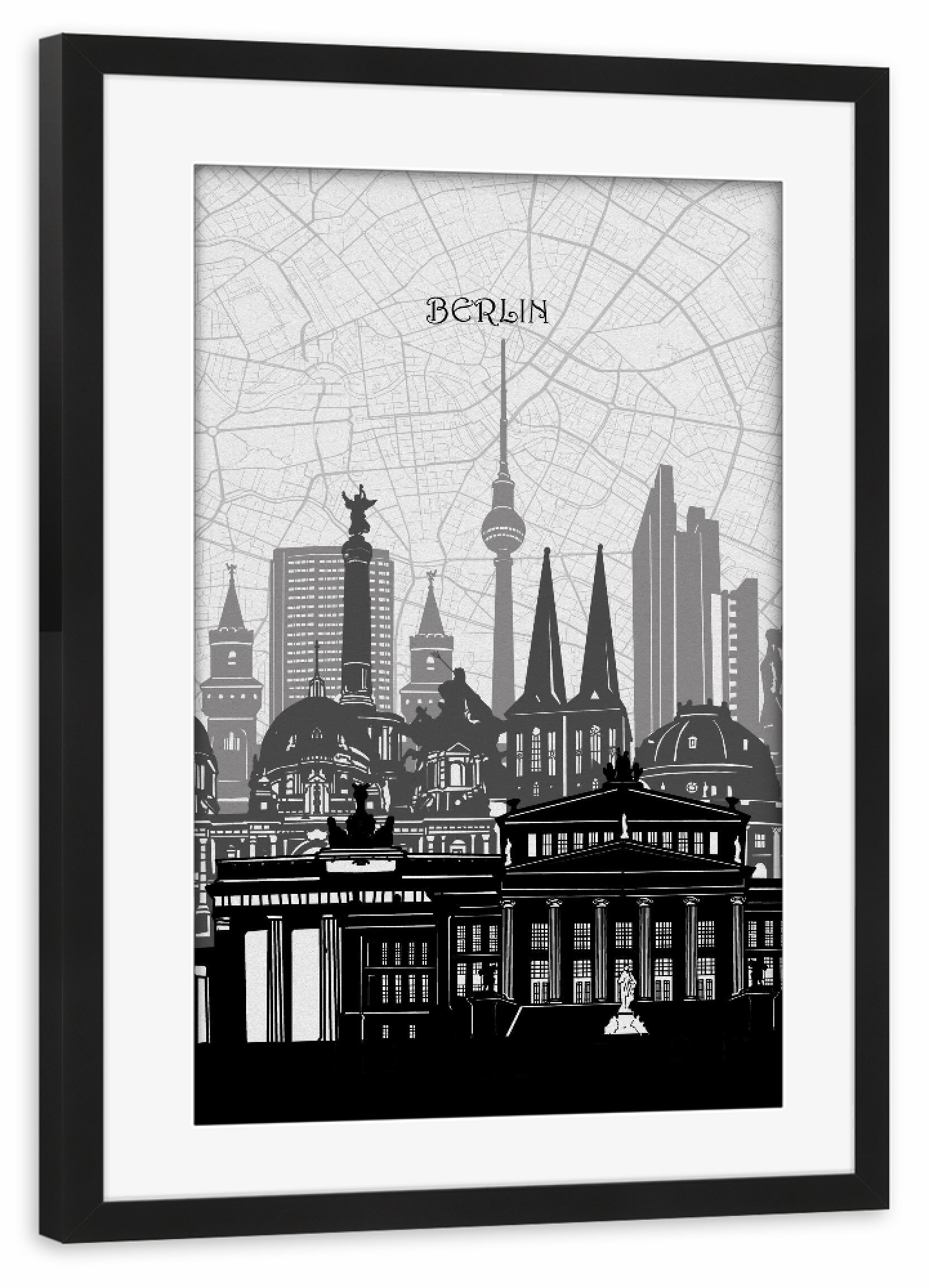 Poster mit Rahmen schwarz "Berlin cityscape map" artboxONE - Städte,Städte / Berlin,Reise,Architektur,Kartografie