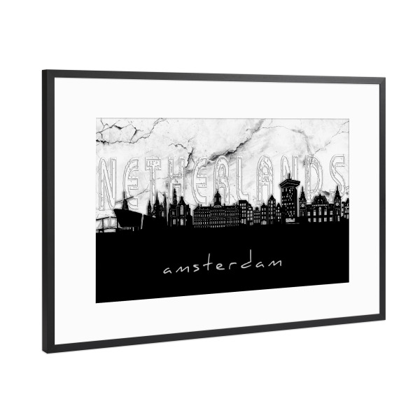 Poster mit Rahmen Schwarz (Metallic) "Amsterdam skyline marble" artboxONE - Städte,Reise,Architektur,Städte / Amsterdam,Kartografie