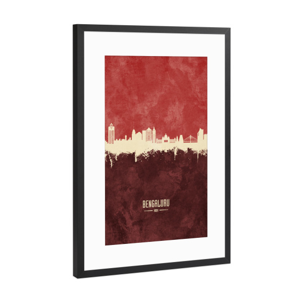 Poster mit Rahmen Schwarz (Metallic) "Bengaluru Skyline Dark Red" artboxONE - Städte