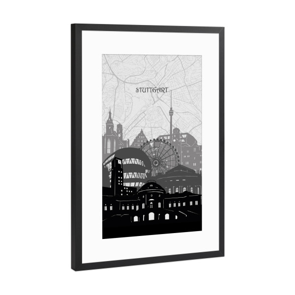 Poster mit Rahmen Schwarz (Metallic) "Stuttgart cityscape map" artboxONE - Städte,Reise,Architektur,Städte / Stuttgart,Kartografie